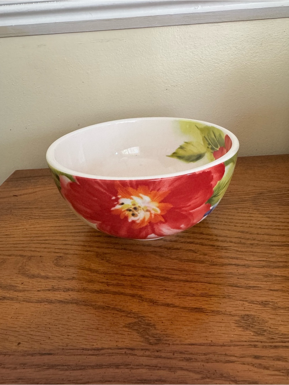Pier 1 Red Floral Ceramic Serving Bowl with Green Leaves